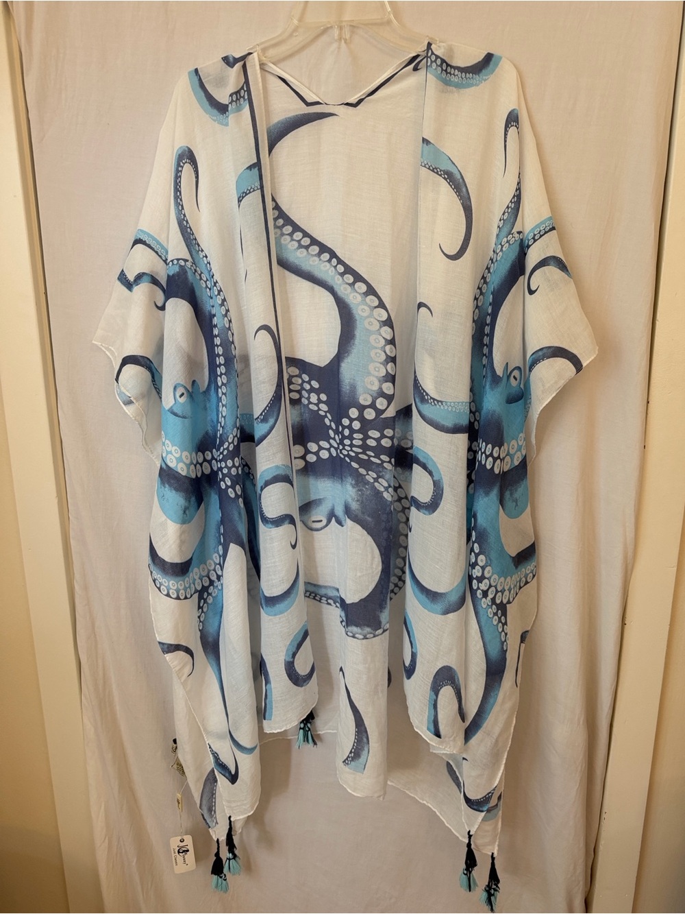 Octopus Cotton Kimono Beach Cover Up Blue White Tassel NWT